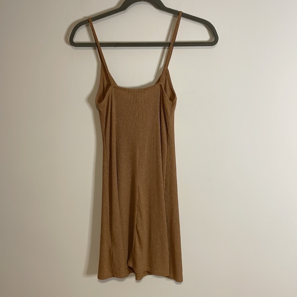 NWT F21 Ribbed Dress Small Camel Tan Tank Mini Lace Jersey Knit Stretch Babydoll - Picture 7 of 14